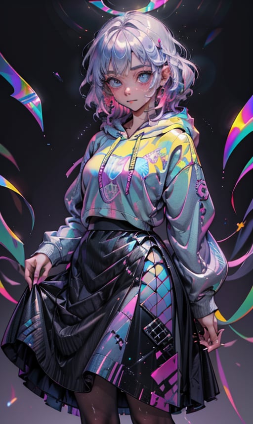 1girl, solo, long hair, looking at viewer, blush, blue eyes, skirt, long sleeves, jewelry, closed mouth, blue hair, standing, pink hair, multicolored hair, cowboy shot, earrings, hood, black skirt, nail polish, gradient, hoodie, halo, piercing, hood down, multicolored clothes, colored inner hair, skirt hold, drawstring, colorful