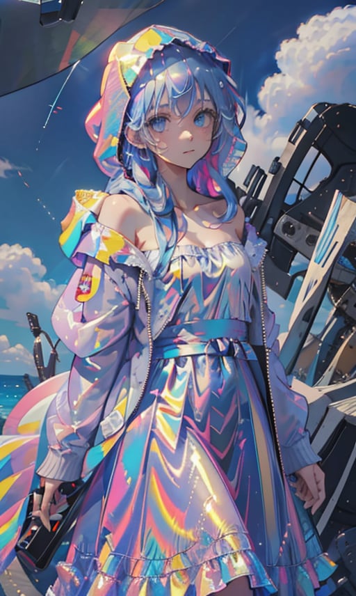1girl, solo, long hair, breasts, looking at viewer, blue eyes, dress, bare shoulders, closed mouth, blue hair, collarbone, jacket, multicolored hair, outdoors, open clothes, sky, day, cloud, hood, off shoulder, blue sky, strapless, cloudy sky, strapless dress, hooded jacket, hood up, raincoat