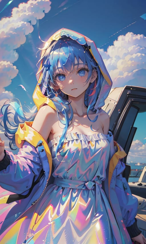 1girl, solo, long hair, breasts, looking at viewer, blue eyes, dress, bare shoulders, closed mouth, blue hair, collarbone, jacket, multicolored hair, outdoors, open clothes, sky, day, cloud, hood, off shoulder, blue sky, strapless, cloudy sky, strapless dress, hooded jacket, hood up, raincoat
