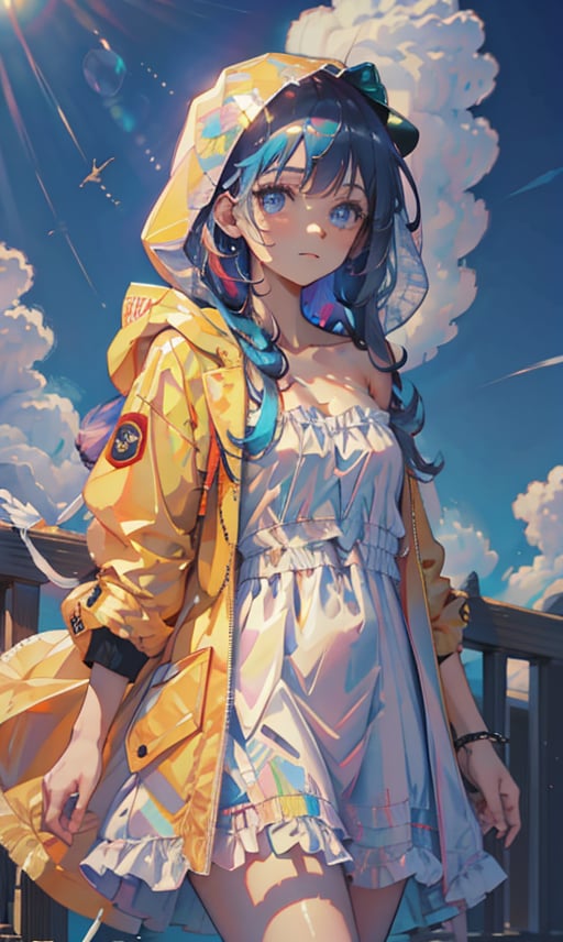 1girl, solo, long hair, breasts, looking at viewer, blue eyes, dress, bare shoulders, closed mouth, blue hair, collarbone, jacket, multicolored hair, outdoors, open clothes, sky, day, cloud, hood, off shoulder, blue sky, strapless, cloudy sky, strapless dress, hooded jacket, hood up, raincoat