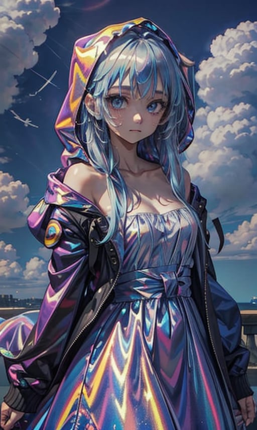 1girl, solo, long hair, breasts, looking at viewer, blue eyes, dress, bare shoulders, closed mouth, blue hair, collarbone, jacket, multicolored hair, outdoors, open clothes, sky, day, cloud, hood, off shoulder, blue sky, strapless, cloudy sky, strapless dress, hooded jacket, hood up, raincoat