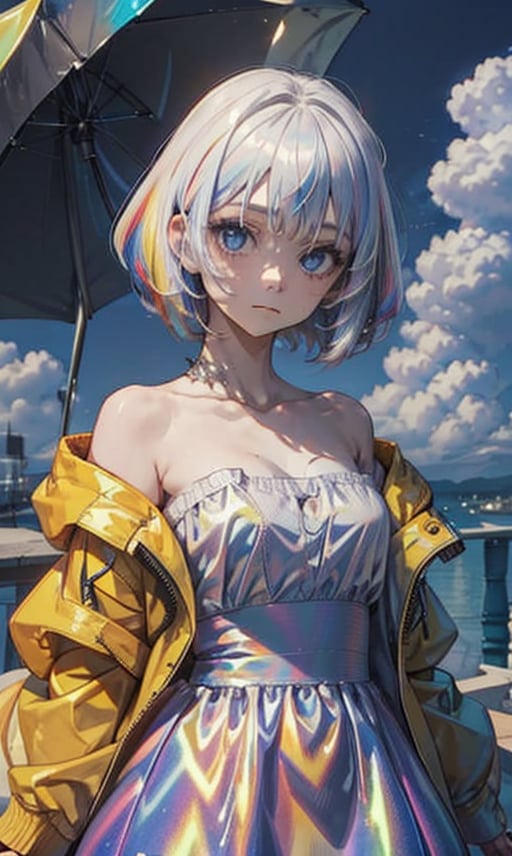 1girl, solo, looking at viewer, short hair, blue eyes, dress, bare shoulders, closed mouth, blue hair, collarbone, white hair, multicolored hair, outdoors, sky, day, cloud, off shoulder, white dress, blue sky, strapless, expressionless, bob cut, cloudy sky, yellow jacket, rainbow hair