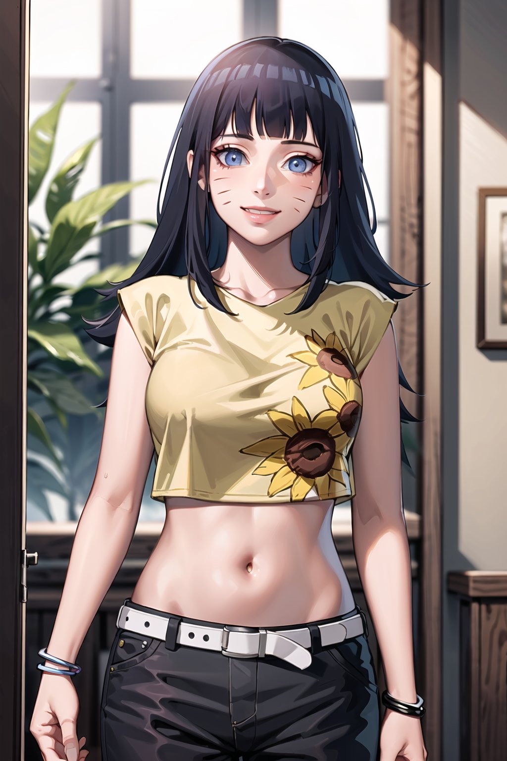 ((best quality)), ((highly detailed)), masterpiece, ((official art)), (Himawari, blunt bangs, facial mark), yellow shirt, flower, sleeveless, crop top, navel, jewelry, midriff, bracelet, sunflower, belt, black pants, looking at viewer, smile, (room), (window, indoors, plant) , intricately detailed, hyperdetailed, blurry background, depth of field, best quality, masterpiece, intricate details, tonemapping, sharp focus, hyper detailed, trending on Artstation, 1 girl, high res, official art,