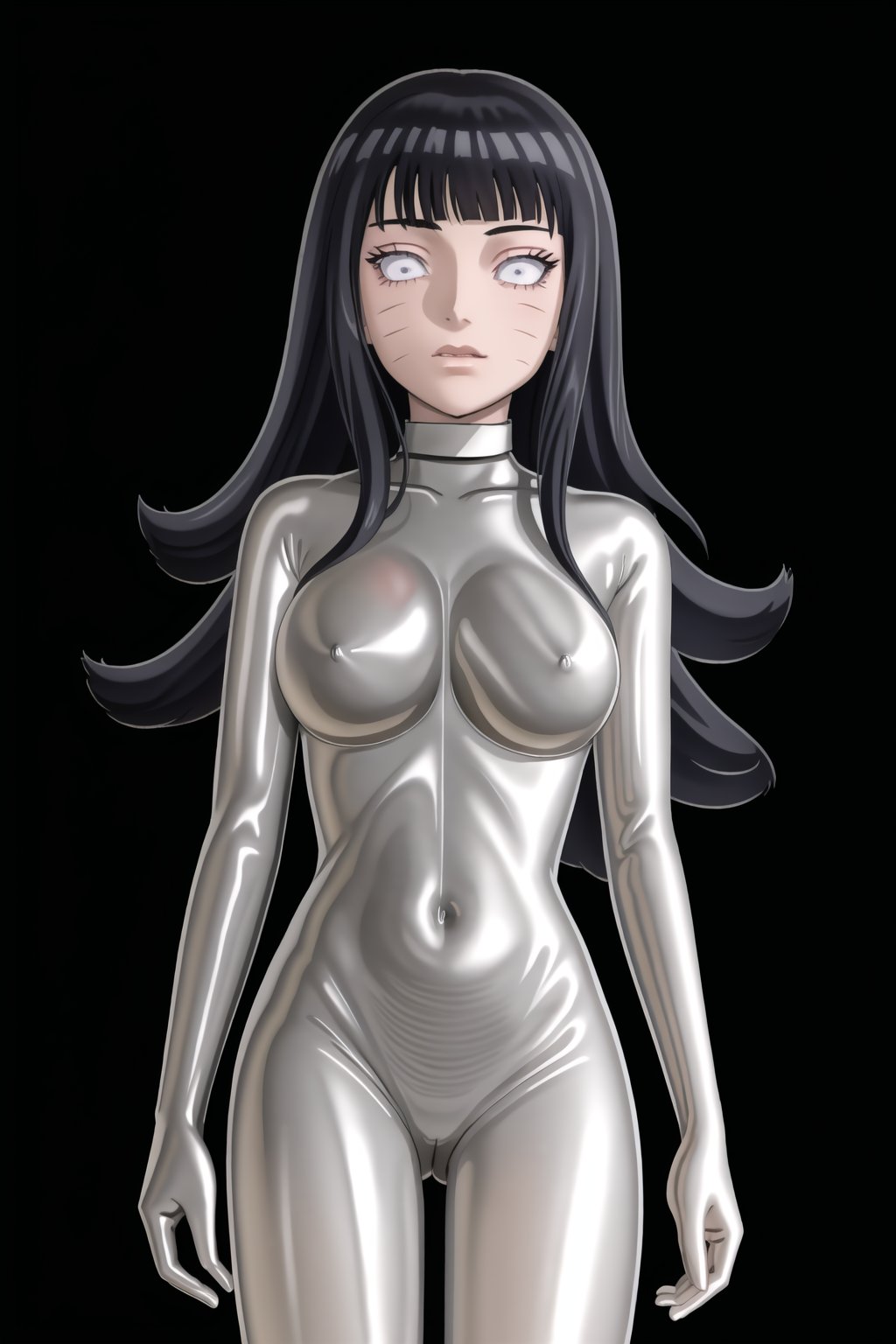 (best quality), (highly detailed), masterpiece, (official art), makeup, 1girl, Himawari, blunt bangs, facial mark , closed mouth,(graybot:1.2), black bodysuit, (shiny body:1.2), (shiny clothes),latex bodysuit, large breast, looking at viewer,  ,graybot,(whiteeyes), ((black background, simple background)), 
StandingAtAttention,1girl, solo,whiteeyes,boruko,Himawari,<lora:659111690174031528:1.0>