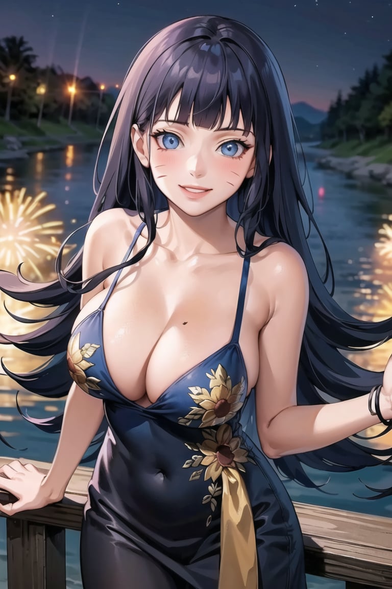 ((best quality)), ((highly detailed)), masterpiece, ((official art)), ( Himawari, facial mark,blunt bangs),breasts, looking at viewer, blush, smile,  large breasts, dress, cleavage, bare shoulders, collarbone, outdoors, sky, night, blue dress, halterneck, fireworks, intricately detailed, hyperdetailed, blurry background, depth of field, best quality, masterpiece, intricate details, tonemapping, sharp focus, hyper detailed, trending on Artstation, 1 girl, high res, official art,