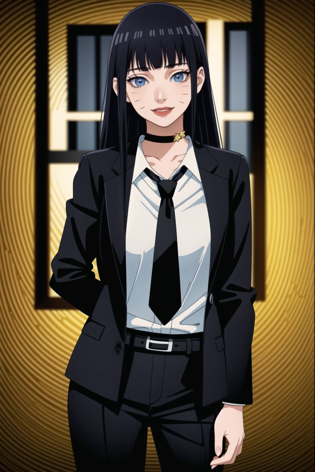 (best quality), (highly detailed), masterpiece, (official art),  ( Himawari, facial mark, blunt bangs), (choker, black lips:1.4), lips, smile, necktie,  black jacket,(black suit), open suit, long sleeves, shirt tucked in,looking at viewer, shirt, black necktie, white shirt, medium breasts,window, formal, office lady,pants, black pants, black belt, business suit, suit,  (intricately detailed, hyperdetailed), blurry background,depth of field, best quality, masterpiece, intricate details, tonemapping, sharp focus, hyper detailed, trending on Artstation,1 girl, solo,high res,official art,<lora:659111690174031528:1.0>