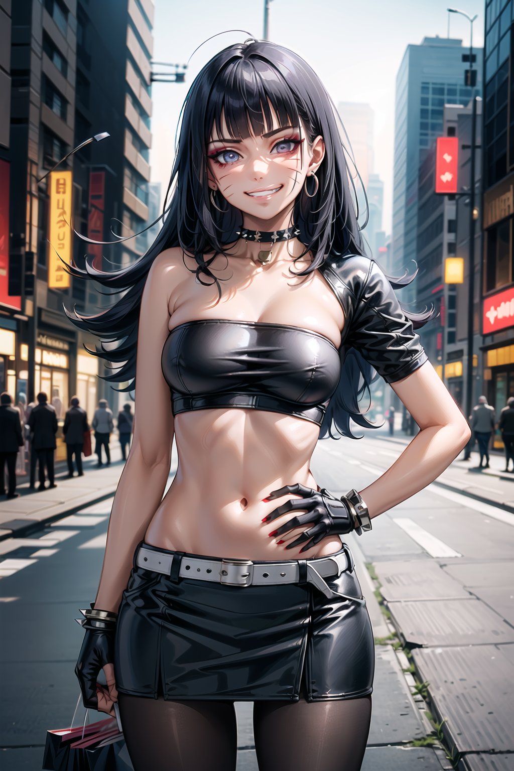 ((best quality)),  ((highly detailed)),  masterpiece,  ((official art)),  detailed face,  beautiful face,  (detailed eyes,  deep eyes),((extended_arm, presenting_gift, shopping_bag, gift_giving, front_view, gesture)),(science fiction, cyberpunk, room, dark background),((smirk, grin, naughty face, seductive smile, smug, arm behind head, hand_on_own_hip, head_tilt)),, ,cowboy shot,(lips), (Himawari, facial mark, blunt bangs), (red eyes), cross-laced clothes, (spiked bracelet), necklace, corset, bustier, hoop earring, curvaceous, voluptuous body, navel, (makeup:1.3) (lips:1.3), (latex), (black top), (black tube top:1.2), gloves, fingerless gloves, jacket, skirt, black choker, black leather jacket, (dark jacket), belt, pencil skirt, pantyhose, open jacket, miniskirt, (black skirt), black gloves, black legwear, black choker, medium breast, conspicuous elegance, snobby, upper class elitist, possesses an arroaant charm. her Dresence commands attention and enw, (intricately detailed, hyperdetailed), blurry background, depth of field, best quality, masterpiece, intricate details, tonemapping, sharp focus, hyper detailed, trending on Artstation, 1 girl, solo, high res, official art,Himawari