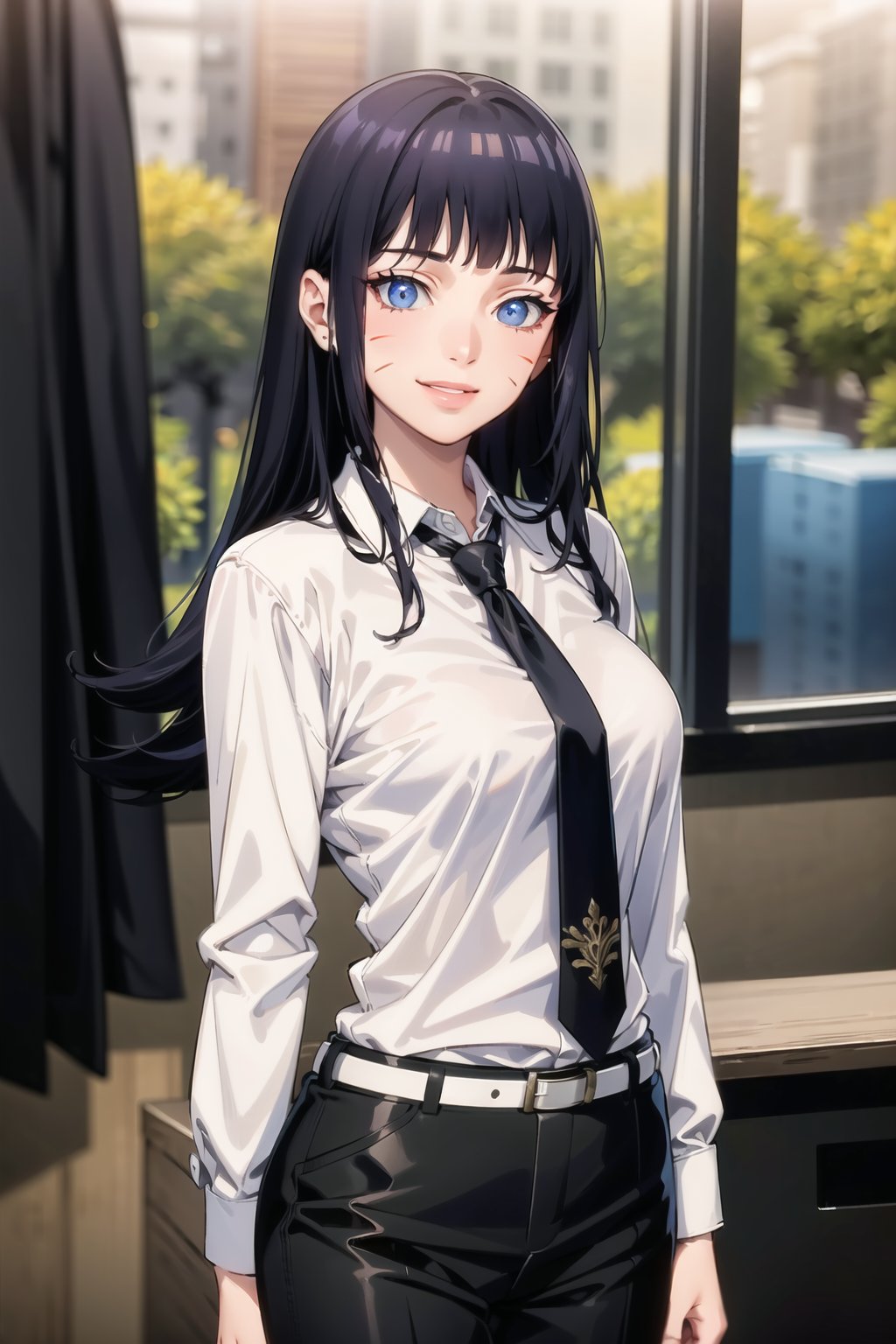 (best quality), (highly detailed), masterpiece, (official art),  ( Himawari, facial mark, blunt bangs),  lips, smile, necktie,  black jacket,(black suit), open suit, long sleeves, shirt tucked in,looking at viewer, shirt, black necktie, white shirt, medium breasts,window, formal, office lady,pants, black pants, black belt, business suit, suit,  (intricately detailed, hyperdetailed), blurry background,depth of field, best quality, masterpiece, intricate details, tonemapping, sharp focus, hyper detailed, trending on Artstation,1 girl, solo,high res,official art