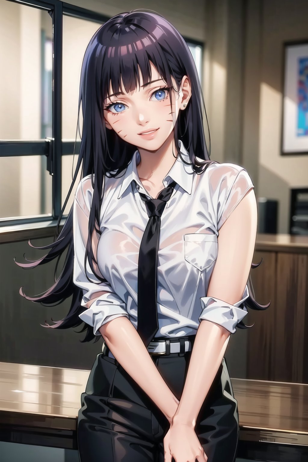 (best quality), (highly detailed), masterpiece, (official art),  ( Himawari, facial mark, blunt bangs),  lips, smile, necktie,  black jacket,(black suit), open suit, long sleeves, shirt tucked in,looking at viewer, shirt, black necktie, white shirt, medium breasts,window, formal, office lady,pants, black pants, black belt, business suit, suit,  (intricately detailed, hyperdetailed), blurry background,depth of field, best quality, masterpiece, intricate details, tonemapping, sharp focus, hyper detailed, trending on Artstation,1 girl, solo,high res,official art