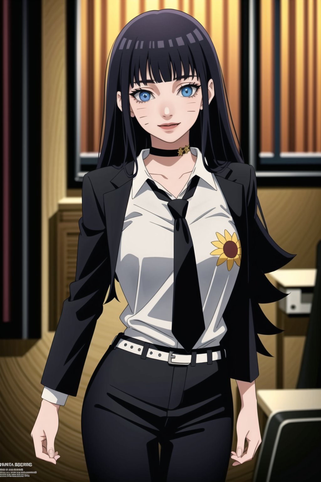 (best quality), (highly detailed), masterpiece, (official art),  ( Himawari, facial mark, blunt bangs), (choker, black lips:1.4), lips, smile, necktie,  black jacket,(black suit), open suit, long sleeves, shirt tucked in,looking at viewer, shirt, black necktie, white shirt, medium breasts,window, formal, office lady,pants, black pants, black belt, business suit, suit,  (intricately detailed, hyperdetailed), blurry background,depth of field, best quality, masterpiece, intricate details, tonemapping, sharp focus, hyper detailed, trending on Artstation,1 girl, solo,high res,official art,<lora:659111690174031528:1.0>