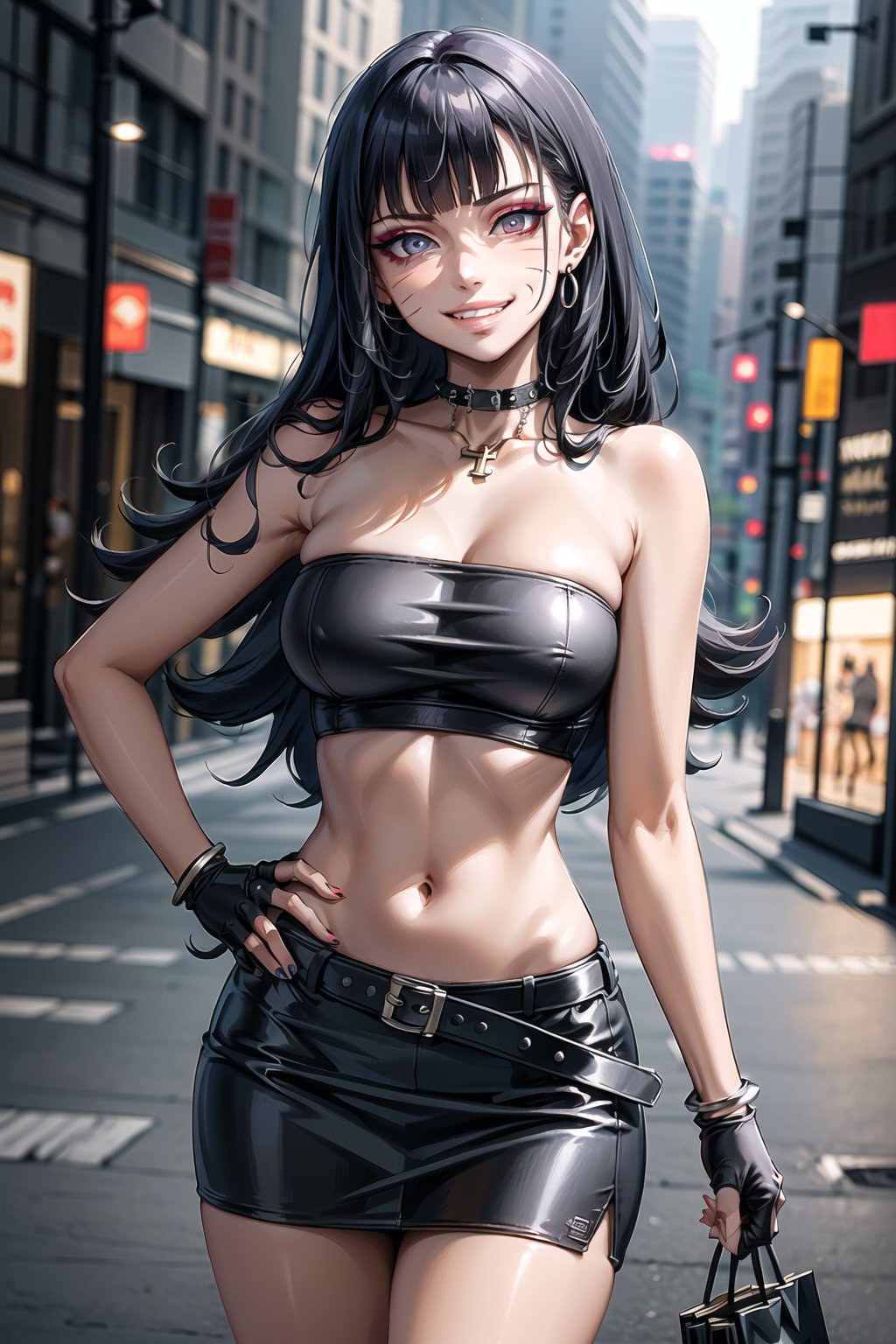 ((best quality)),  ((highly detailed)),  masterpiece,  ((official art)),  detailed face,  beautiful face,  (detailed eyes,  deep eyes),((extended_arm, presenting_gift, shopping_bag, gift_giving, front_view, gesture)),(science fiction, cyberpunk, room, dark background),((smirk, grin, naughty face, seductive smile, smug, arm behind head, hand_on_own_hip, head_tilt)),, ,cowboy shot,(lips), (Himawari, facial mark, blunt bangs), (red eyes), cross-laced clothes, (spiked bracelet), necklace, corset, bustier, hoop earring, curvaceous, voluptuous body, navel, (makeup:1.3) (lips:1.3), (latex), (black top), (black tube top:1.2), gloves, fingerless gloves, skirt, black choker, belt, pencil skirt, miniskirt, (black skirt), black gloves, black choker, medium breast, conspicuous elegance, snobby, upper class elitist, possesses an arroaant charm. her Dresence commands attention and enw, (intricately detailed, hyperdetailed), blurry background, depth of field, best quality, masterpiece, intricate details, tonemapping, sharp focus, hyper detailed, trending on Artstation, 1 girl, solo, high res, official art,Himawari