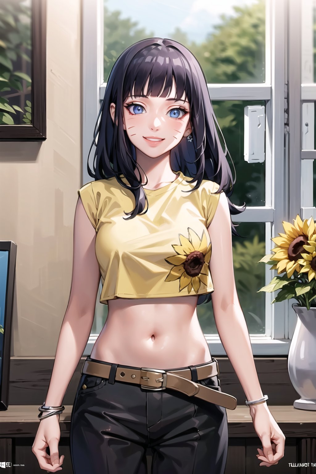 ((best quality)), ((highly detailed)), masterpiece, ((official art)), (Himawari, blunt bangs, facial mark), yellow shirt, flower, sleeveless, crop top, navel, jewelry, midriff, bracelet, sunflower, belt, black pants, looking at viewer, smile, (room), (window, indoors, plant) , intricately detailed, hyperdetailed, blurry background, depth of field, best quality, masterpiece, intricate details, tonemapping, sharp focus, hyper detailed, trending on Artstation, 1 girl, high res, official art,