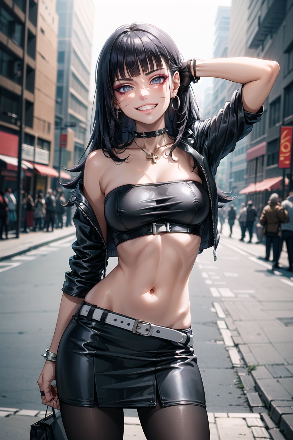 ((best quality)),  ((highly detailed)),  masterpiece,  ((official art)),  detailed face,  beautiful face,  (detailed eyes,  deep eyes),((extended_arm, presenting_gift, shopping_bag, gift_giving, front_view, gesture)),(science fiction, cyberpunk, room, dark background),((smirk, grin, naughty face, seductive smile, smug, arm behind head, hand_on_own_hip, head_tilt)),, ,cowboy shot,(lips), (Himawari, facial mark, blunt bangs), (red eyes), cross-laced clothes, (spiked bracelet), necklace, corset, bustier, hoop earring, curvaceous, voluptuous body, navel, (makeup:1.3) (lips:1.3), (latex), (black top), (black tube top:1.2), gloves, fingerless gloves, jacket, skirt, black choker, black leather jacket, (dark jacket), belt, pencil skirt, pantyhose, open jacket, miniskirt, (black skirt), black gloves, black legwear, black choker, medium breast, conspicuous elegance, snobby, upper class elitist, possesses an arroaant charm. her Dresence commands attention and enw, (intricately detailed, hyperdetailed), blurry background, depth of field, best quality, masterpiece, intricate details, tonemapping, sharp focus, hyper detailed, trending on Artstation, 1 girl, solo, high res, official art,Himawari