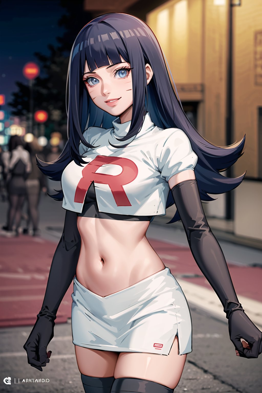 (best quality), (highly detailed), masterpiece, (official art), Himawari, blunt bangs, facial mark, posing, lips,( evil smile), Team Rocket, cropped jacket, white jacket, crop top, jacket, gloves, black gloves, elbow gloves, navel, midriff, white skirt, miniskirt, skirt, thighhighs,, looking at viewer, china, asiática, city, night, sky, (intricately detailed, hyperdetailed), blurry background,depth of field, best quality, masterpiece, intricate details, tonemapping, sharp focus, hyper detailed, trending on Artstation,1 girl, high res, official art