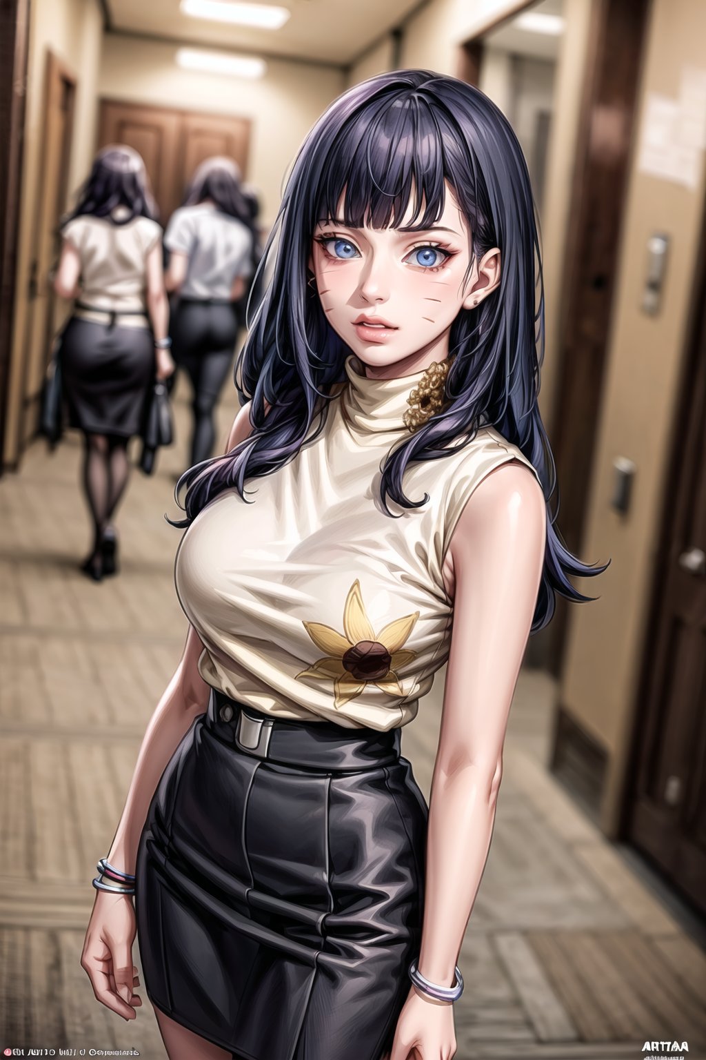 ((best quality)),  ((highly detailed)),  masterpiece,  ((official art)),  ( Himawari, facial mark, blunt bangs), lips, sleeveless, bare shoulders, figure, turtleneck, black shirt, black pencil skirt, office, lady office, print skirt, floral print, high-waist skirt, shirt_tucked_in, building, bracelet, parted lips, cellphone picture, indoors, intricately detailed, hyperdetailed, blurry background, depth of field, best quality, masterpiece, intricate details, tonemapping, sharp focus, hyper detailed, trending on Artstation, 1 girl, high res, official art