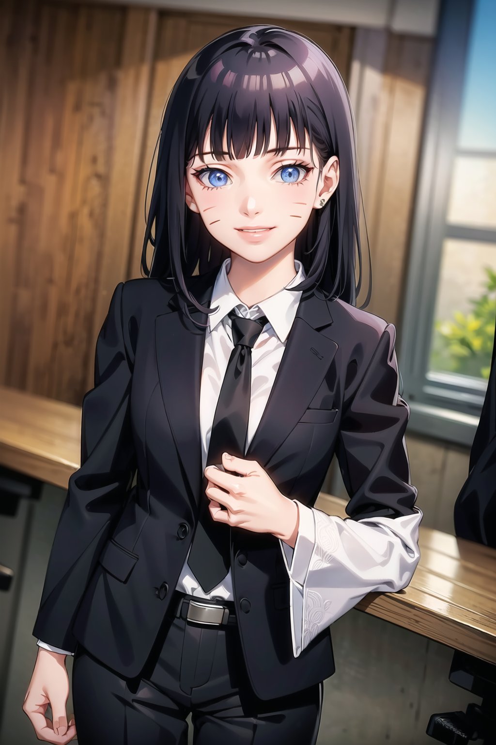 (best quality), (highly detailed), masterpiece, (official art),  ( Himawari, facial mark, blunt bangs),  lips, smile, necktie,  black jacket,(black suit), open suit, long sleeves, shirt tucked in,looking at viewer, shirt, black necktie, white shirt, medium breasts,window, formal, office lady,pants, black pants, black belt, business suit, suit,  (intricately detailed, hyperdetailed), blurry background,depth of field, best quality, masterpiece, intricate details, tonemapping, sharp focus, hyper detailed, trending on Artstation,1 girl, solo,high res,official art