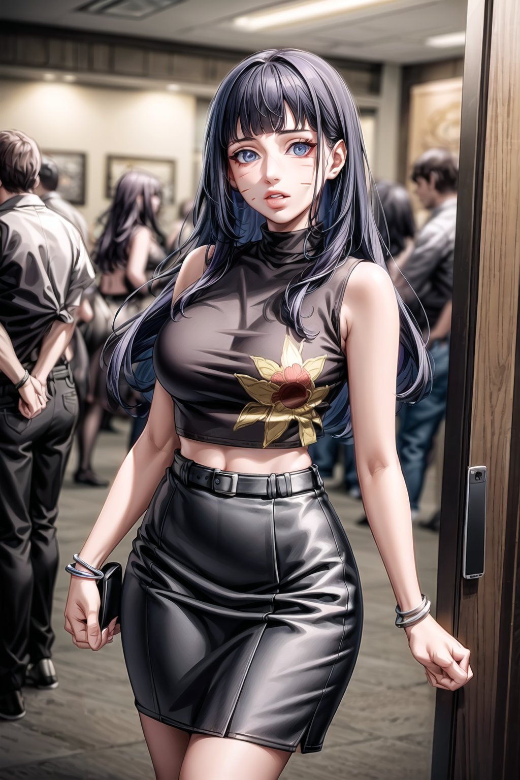 ((best quality)),  ((highly detailed)),  masterpiece,  ((official art)),  ( Himawari, facial mark, blunt bangs), lips, sleeveless, bare shoulders, figure, turtleneck, black shirt, black pencil skirt, office, lady office, print skirt, floral print, high-waist skirt, shirt_tucked_in, building, bracelet, parted lips, cellphone picture, indoors, intricately detailed, hyperdetailed, blurry background, depth of field, best quality, masterpiece, intricate details, tonemapping, sharp focus, hyper detailed, trending on Artstation, 1 girl, high res, official art