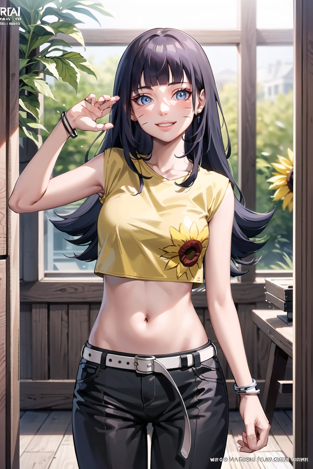 ((best quality)), ((highly detailed)), masterpiece, ((official art)), (Himawari, blunt bangs, facial mark), yellow shirt, flower, sleeveless, crop top, navel, jewelry, midriff, bracelet, sunflower, belt, black pants, looking at viewer, smile, (room), (window, indoors, plant) , intricately detailed, hyperdetailed, blurry background, depth of field, best quality, masterpiece, intricate details, tonemapping, sharp focus, hyper detailed, trending on Artstation, 1 girl, high res, official art,