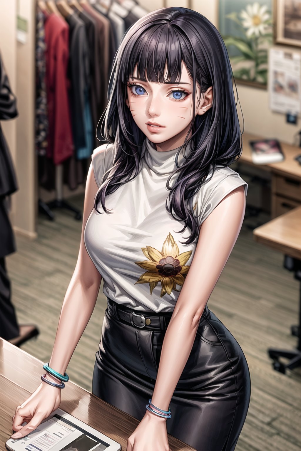 ((best quality)),  ((highly detailed)),  masterpiece,  ((official art)),  ( Himawari, facial mark, blunt bangs), lips, sleeveless, bare shoulders, figure, turtleneck, black shirt, black pencil skirt, office, lady office, print skirt, floral print, high-waist skirt, shirt_tucked_in, building, bracelet, parted lips, cellphone picture, indoors, intricately detailed, hyperdetailed, blurry background, depth of field, best quality, masterpiece, intricate details, tonemapping, sharp focus, hyper detailed, trending on Artstation, 1 girl, high res, official art