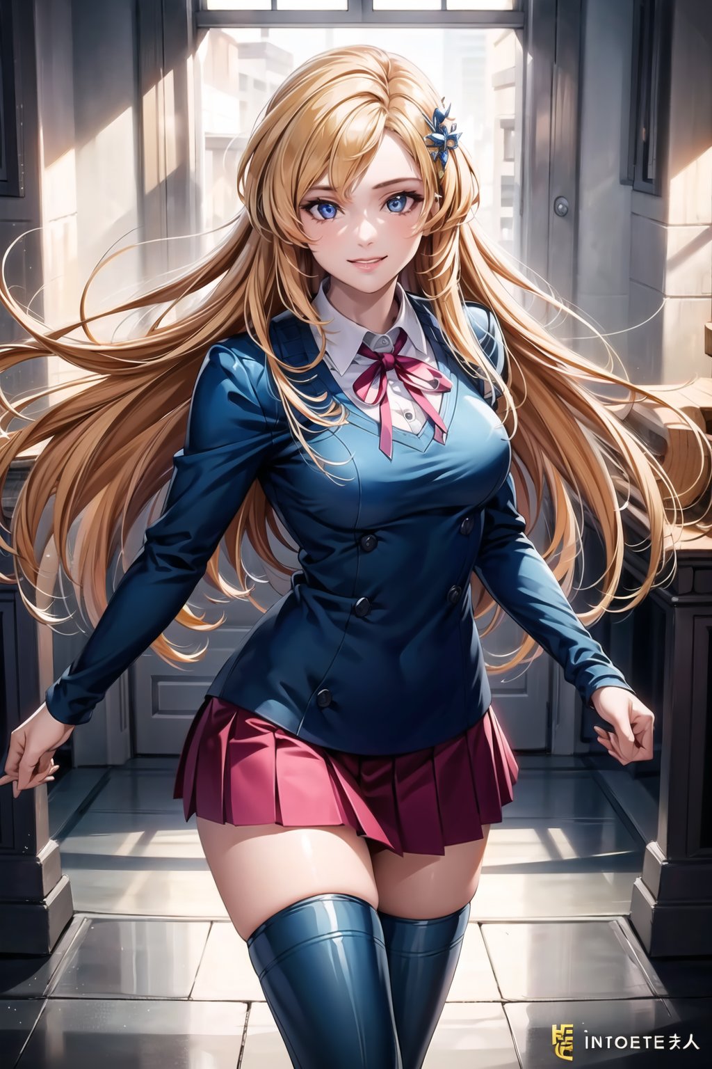 (best quality), (highly detailed), masterpiece, (official art),  (June Camaleon), smile, school uniform, pink sweater, zettai ryouiki, neck ribbon pleated skirt, black thighhighs ,looking at viewer,medium breasts,window, (intricately detailed, hyperdetailed), blurry background,depth of field, best quality, masterpiece, intricate details, tonemapping, sharp focus, hyper detailed, trending on Artstation,1 girl, solo,high res,official art