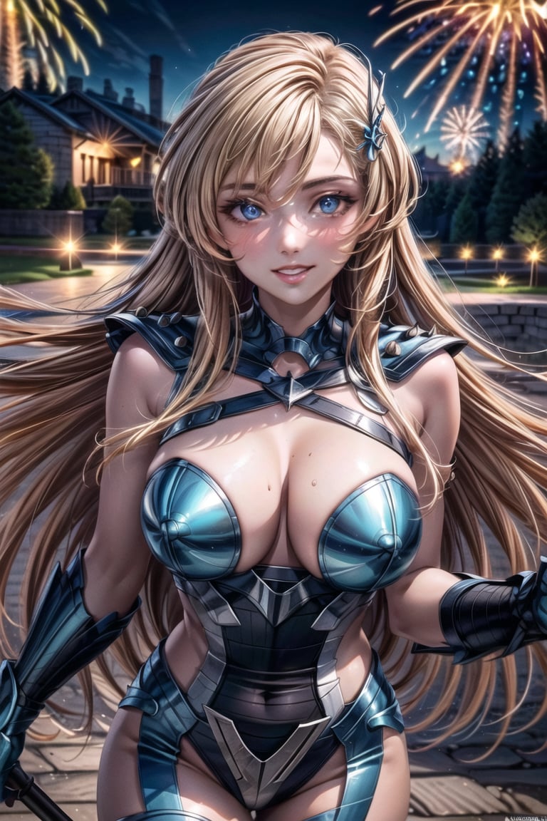 ((best quality)), ((highly detailed)), masterpiece, ((official art)), ( June Camaleon),breasts, looking at viewer, blush, smile,  large breasts, dress, cleavage, bare shoulders, collarbone, outdoors, sky, night, blue dress, halterneck, fireworks, intricately detailed, hyperdetailed, blurry background, depth of field, best quality, masterpiece, intricate details, tonemapping, sharp focus, hyper detailed, trending on Artstation, 1 girl, high res, official art,beautiful detailed eyes,