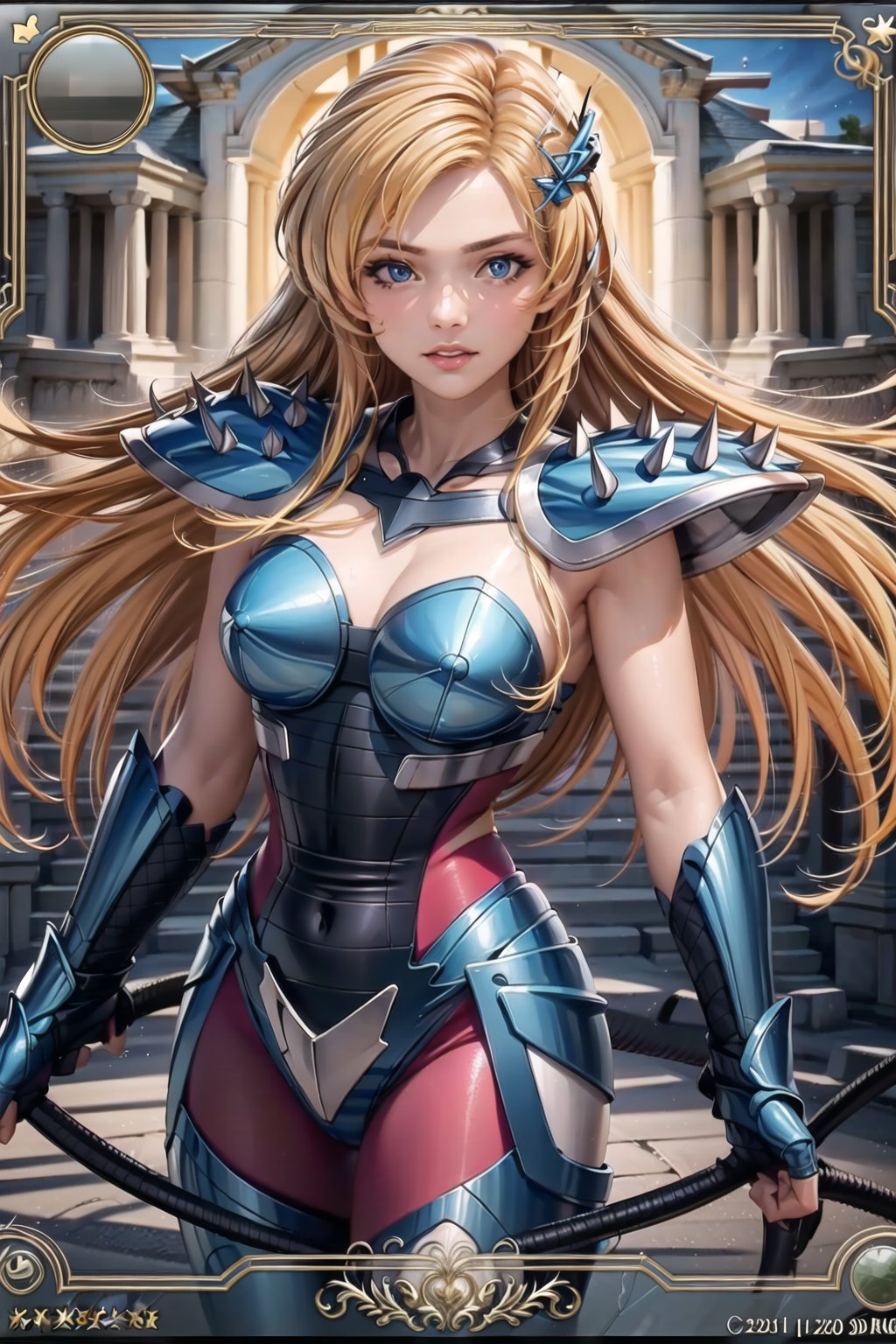 (best quality), (highly detailed), masterpiece, (official art), June Camaleon, blue eyes, armor, bodysuit, shoulder armor, spikes, pauldrons, pink bodysuit, whip, holding whip ,looking at viewer,medium breasts,window, (intricately detailed, hyperdetailed), blurry background,depth of field, best quality, masterpiece, intricate details, tonemapping, sharp focus, hyper detailed, trending on Artstation,1 girl, solo,high res,official art