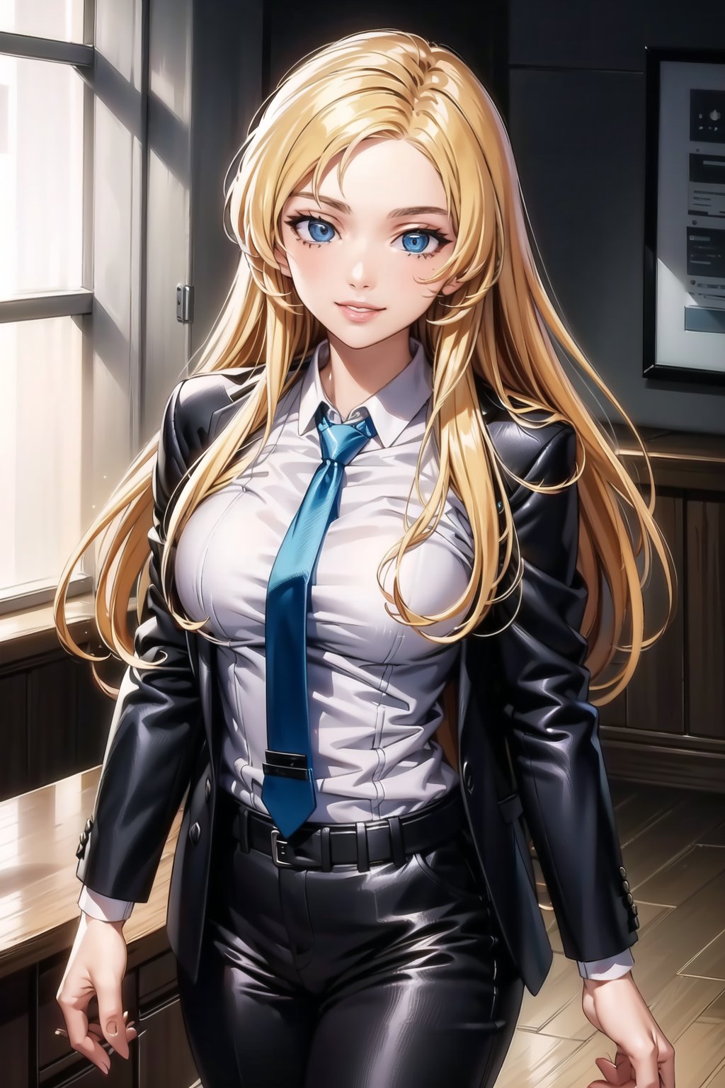 (best quality), (highly detailed), masterpiece, (official art),  (June Camaleon, blue eyed, long hair),  lips, smile, necktie,  black jacket,(black suit), open suit, long sleeves, shirt tucked in,looking at viewer, shirt, black necktie, white shirt, medium breasts,window, formal, office lady,pants, black pants, black belt, business suit, suit,  (intricately detailed, hyperdetailed), blurry background,depth of field, best quality, masterpiece, intricate details, tonemapping, sharp focus, hyper detailed, trending on Artstation,1 girl, solo,high res,official art,