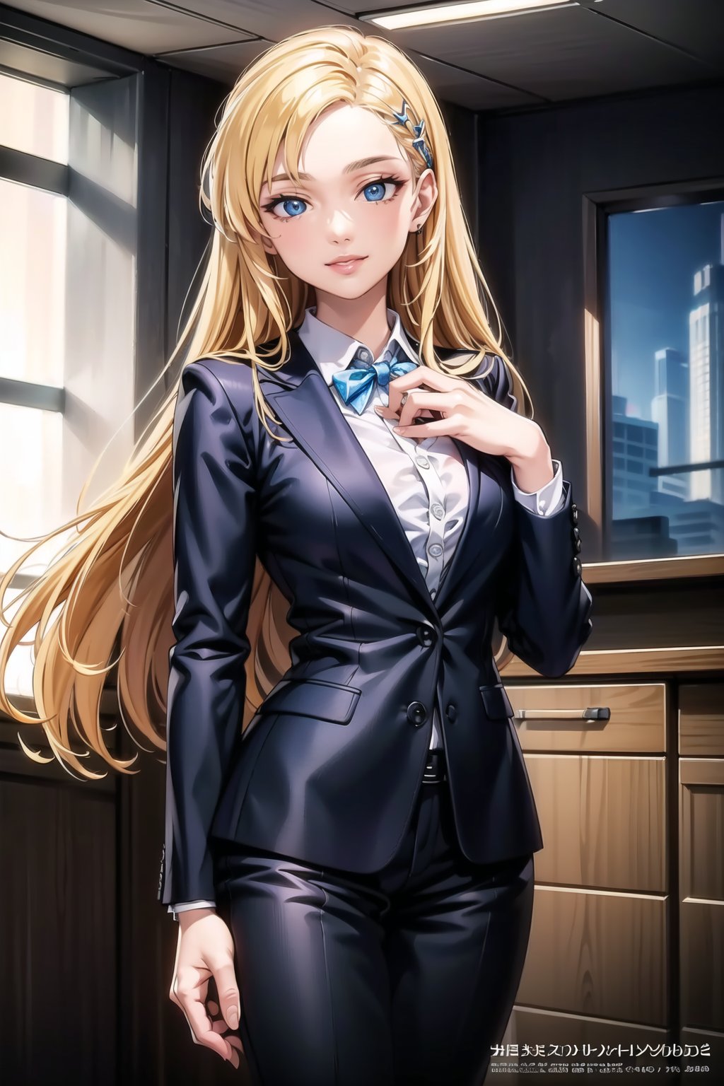 (best quality), (highly detailed), masterpiece, (official art),  (June Camaleon, blue eyed, long hair),  lips, smile, black jacket,(black suit), open suit, long sleeves, shirt tucked in,looking at viewer, shirt, white shirt, medium breasts,window, formal, office lady,pants, black pants, black belt, business suit, suit,  (intricately detailed, hyperdetailed), blurry background,depth of field, best quality, masterpiece, intricate details, tonemapping, sharp focus, hyper detailed, trending on Artstation,1 girl, solo,high res,official art,