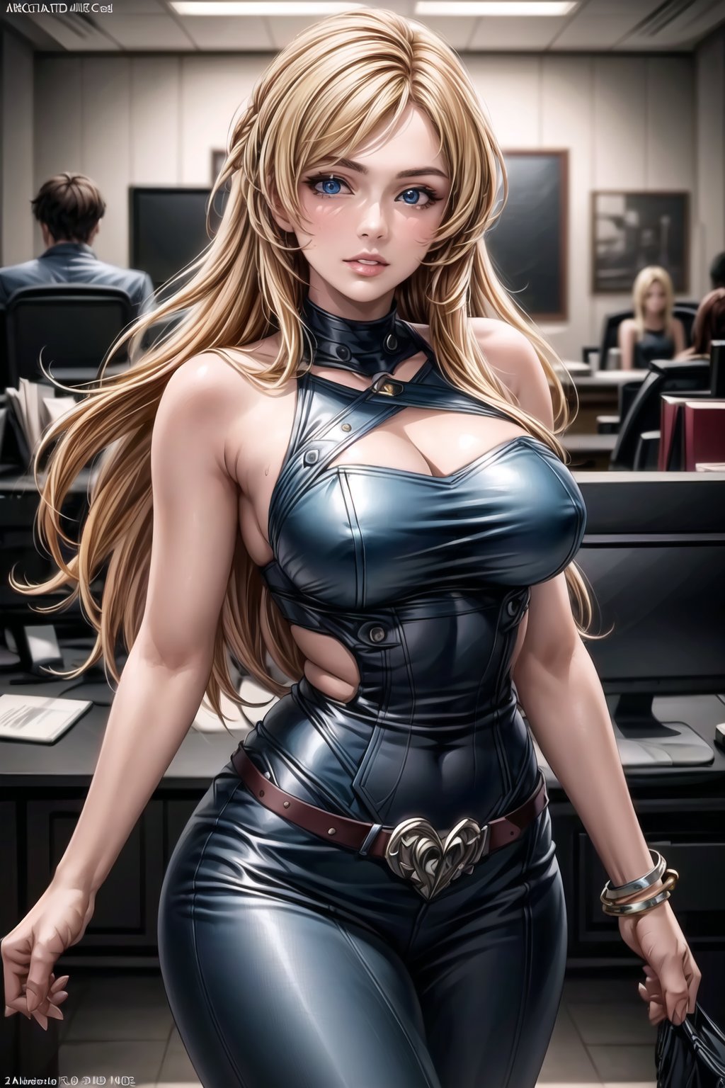 ((best quality)),  ((highly detailed)),  masterpiece,  ((official art)),  (June Camaleon, long hair, blue eyes), lips, sleeveless, bare shoulders, figure, turtleneck, black shirt, black pencil skirt, office, lady office, print skirt, floral print, high-waist skirt, shirt_tucked_in, building, bracelet, parted lips, cellphone picture, indoors, intricately detailed, hyperdetailed, blurry background, depth of field, best quality, masterpiece, intricate details, tonemapping, sharp focus, hyper detailed, trending on Artstation, 1 girl, high res, official art