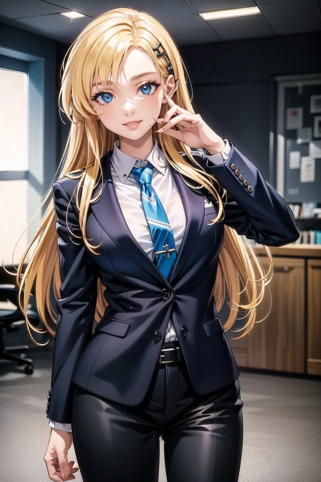 (best quality), (highly detailed), masterpiece, (official art),  (June Camaleon, blue eyed, long hair),  lips, smile, necktie,  black jacket,(black suit), open suit, long sleeves, shirt tucked in,looking at viewer, shirt, black necktie, white shirt, medium breasts,window, formal, office lady,pants, black pants, black belt, business suit, suit,  (intricately detailed, hyperdetailed), blurry background,depth of field, best quality, masterpiece, intricate details, tonemapping, sharp focus, hyper detailed, trending on Artstation,1 girl, solo,high res,official art,