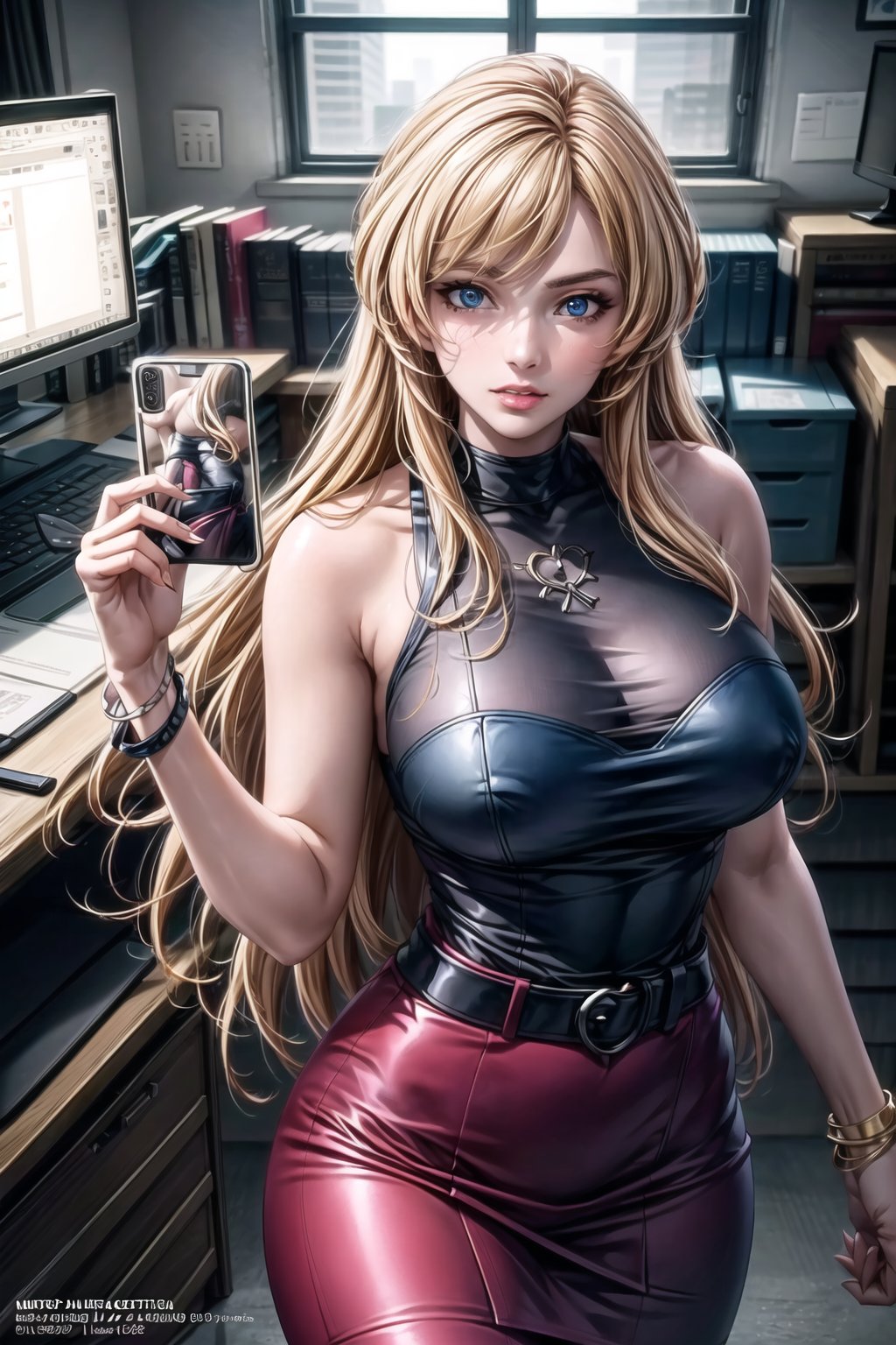 ((best quality)),  ((highly detailed)),  masterpiece,  ((official art)),  (June Camaleon, long hair, blue eyes), lips, sleeveless, bare shoulders, figure, turtleneck, black shirt, black pencil skirt, office, lady office, print skirt, floral print, high-waist skirt, shirt_tucked_in, building, bracelet, parted lips, cellphone picture, indoors, intricately detailed, hyperdetailed, blurry background, depth of field, best quality, masterpiece, intricate details, tonemapping, sharp focus, hyper detailed, trending on Artstation, 1 girl, high res, official art