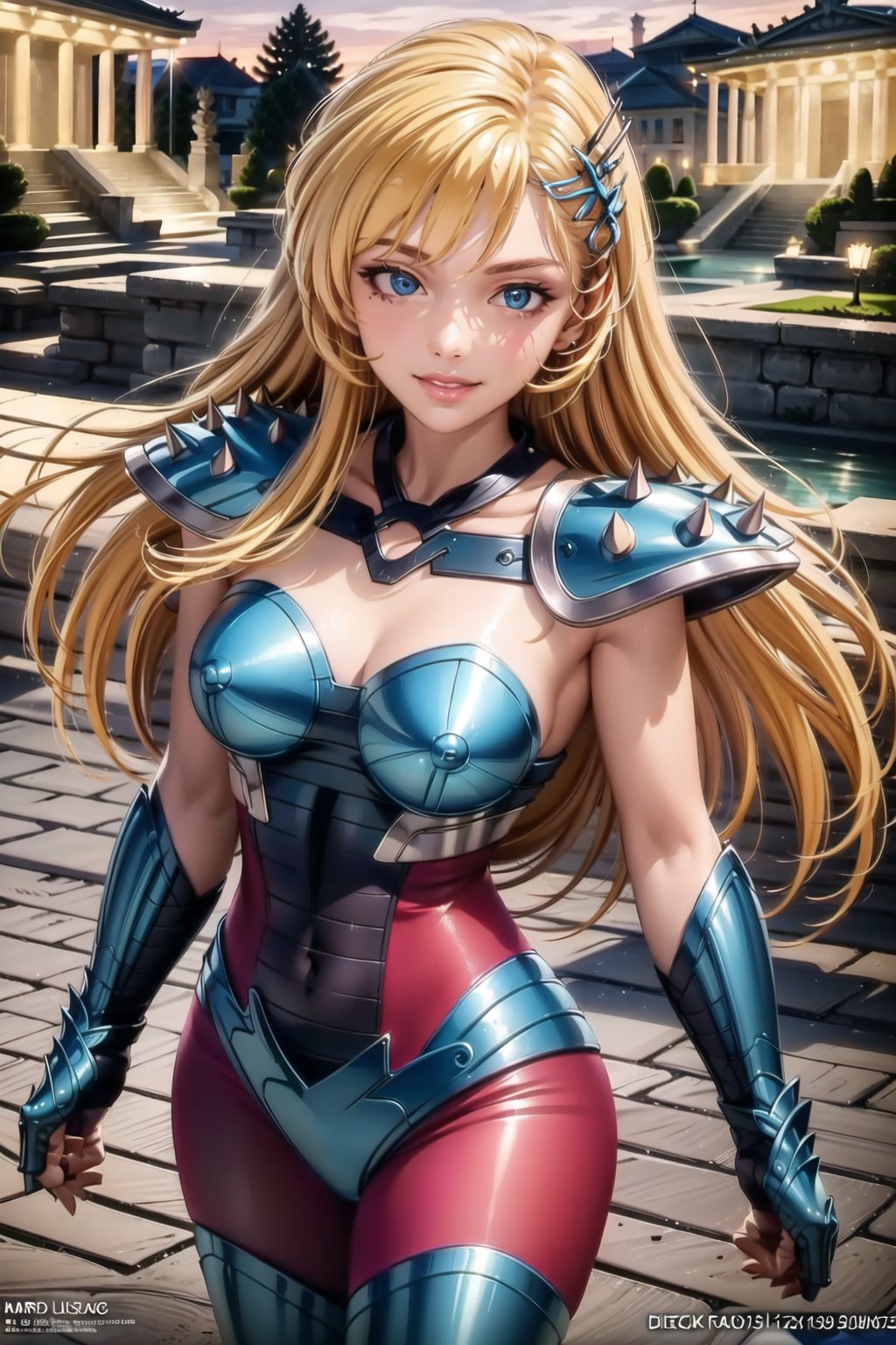 (best quality), (highly detailed), masterpiece, (official art), June Camaleon, blue eyes, lips, smile, armor, bodysuit, shoulder armor, spikes, pauldrons, pink bodysuit ,medium breasts,window, outdoors, temple, (intricately detailed, hyperdetailed), blurry background,depth of field, best quality, masterpiece, intricate details, tonemapping, sharp focus, hyper detailed, trending on Artstation,1 girl, solo,high res,official art