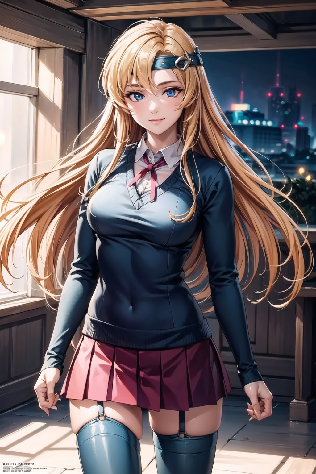 (best quality), (highly detailed), masterpiece, (official art),  (June Camaleon, blue eyes), headband, smile, school uniform, pink sweater, zettai ryouiki, neck ribbon pleated skirt, black thighhighs ,looking at viewer,medium breasts,window, (intricately detailed, hyperdetailed), blurry background,depth of field, best quality, masterpiece, intricate details, tonemapping, sharp focus, hyper detailed, trending on Artstation,1 girl, solo,high res,official art