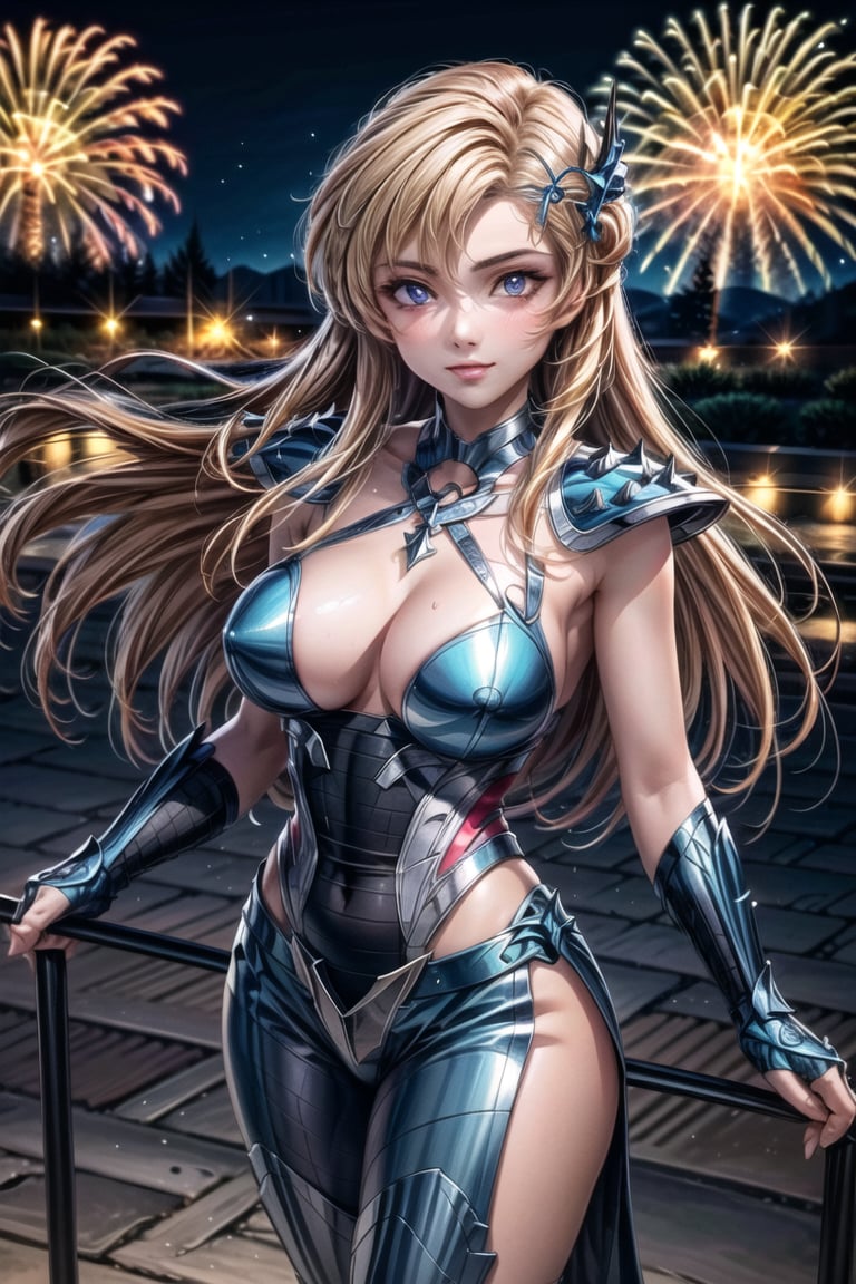 ((best quality)), ((highly detailed)), masterpiece, ((official art)), ( June Camaleon),breasts, looking at viewer, blush, smile,  large breasts, dress, cleavage, bare shoulders, collarbone, outdoors, sky, night, blue dress, halterneck, fireworks, intricately detailed, hyperdetailed, blurry background, depth of field, best quality, masterpiece, intricate details, tonemapping, sharp focus, hyper detailed, trending on Artstation, 1 girl, high res, official art,beautiful detailed eyes,