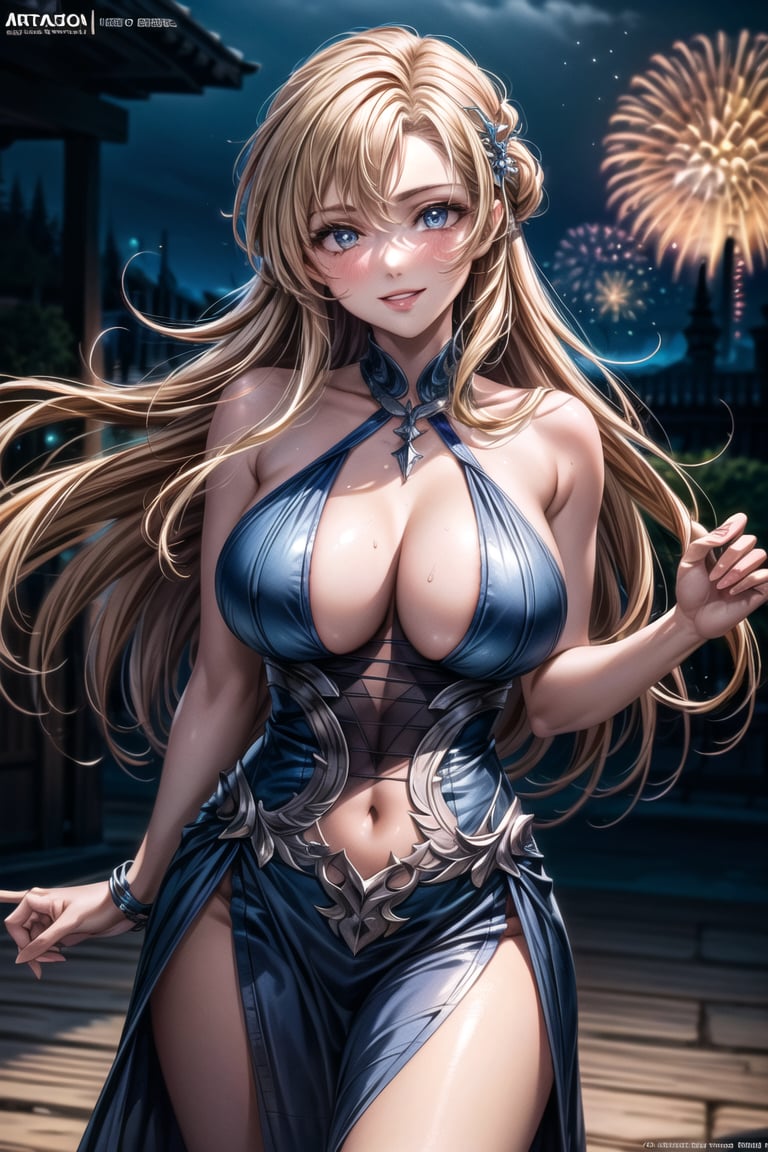 ((best quality)), ((highly detailed)), masterpiece, ((official art)), ( June Camaleon),breasts, looking at viewer, blush, smile,  large breasts, dress, cleavage, bare shoulders, collarbone, outdoors, sky, night, blue dress, halterneck, fireworks, intricately detailed, hyperdetailed, blurry background, depth of field, best quality, masterpiece, intricate details, tonemapping, sharp focus, hyper detailed, trending on Artstation, 1 girl, high res, official art,beautiful detailed eyes,