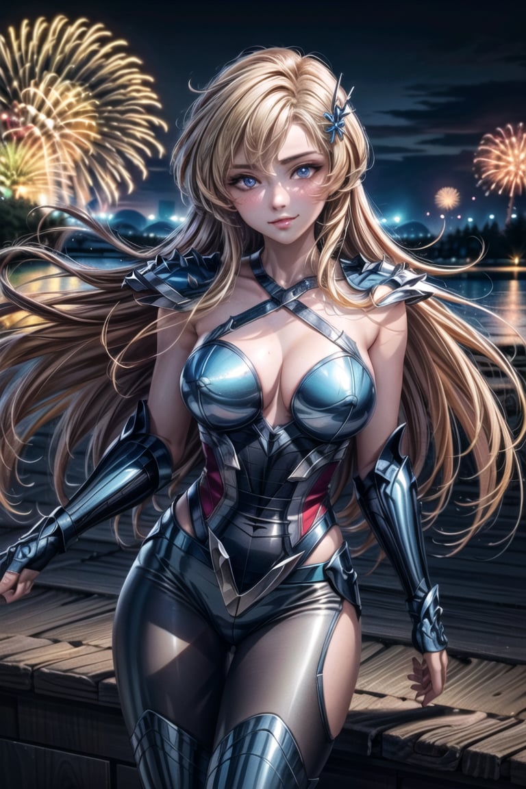 ((best quality)), ((highly detailed)), masterpiece, ((official art)), ( June Camaleon),breasts, looking at viewer, blush, smile,  large breasts, dress, cleavage, bare shoulders, collarbone, outdoors, sky, night, blue dress, halterneck, fireworks, intricately detailed, hyperdetailed, blurry background, depth of field, best quality, masterpiece, intricate details, tonemapping, sharp focus, hyper detailed, trending on Artstation, 1 girl, high res, official art,beautiful detailed eyes,