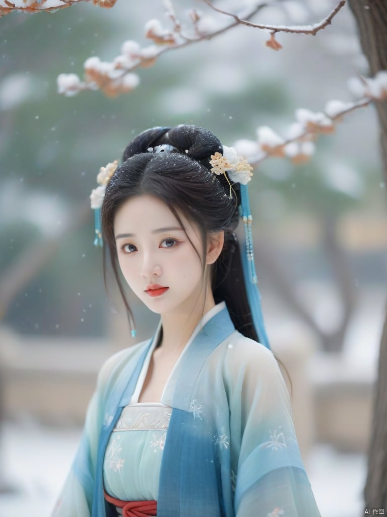 hanfu dress,a beautiful girl is standing,The Han costume of the Song Dynasty, the whole body,Flower basket,beautiful face,be affectionate,long eyelashes,high nose,Song Dynasty Hanfu, Winter, snowy days, snowfall, snow on tree tops, snow on the ground,gentle depth of field and soft bokeh,Capture the image as if it were taken on an 35mm film for added charm, looking at viewer,35mm photograph,The main color tone of the screen is blue, with a film style (aperture: f/1.4, ISO-100, focal length: 35mm), Full body, denim lens,film, bokeh, professional, 4k, highly detailed, MAJICMIX STYLE