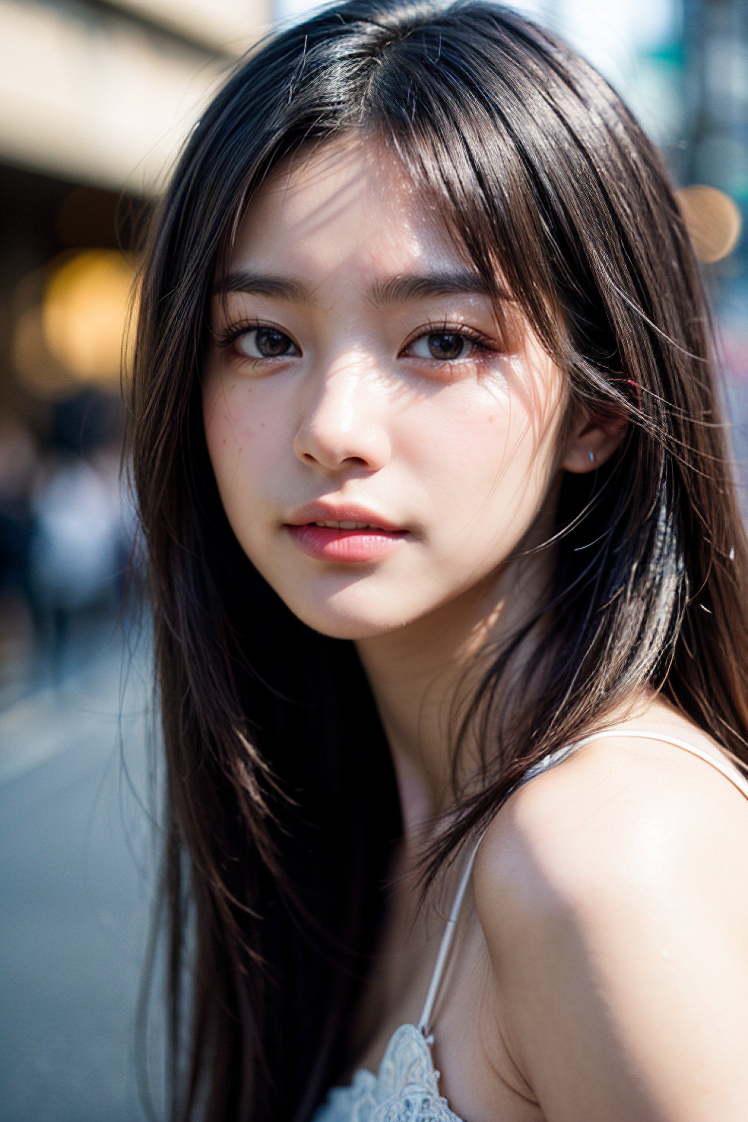 (masterpiece, best quality, hires, high resolution:1.2), (extremely detailed, intricate details, highres), (medium close-up:1.2) portrait on a (Tokyo street sunny background:1.2), (medium shot:1.2), (face focus:1.1), (soft focus:1.2), low lighting, (out of focus:1.2), bokeh, f1.4, 40mm, photorealistic, raw, 8k, ((textured skin:1.1, skin pores:0.3, realistic skin:1.1)), intricate details, 1girl,  (ultra sharp image), black hair, perma straight hair style, very beautiful girl,  <lora:cuteGirlMix4_v10:0.20>,  <lora:add_detail:1.2>,  <lora:taiwanDollLikeness_v1:0.09>,   <lora:FilmVelvia3:0.3>