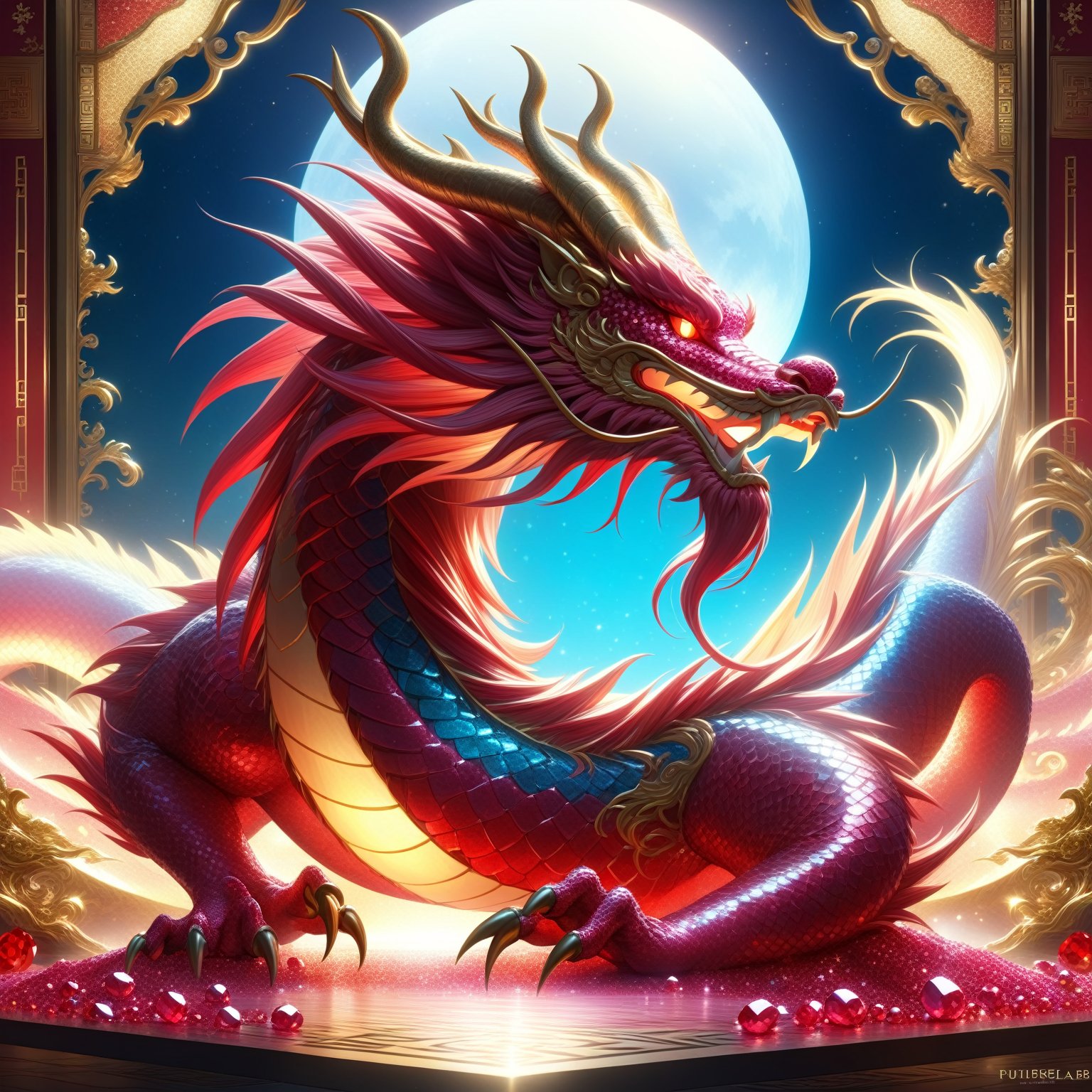 Chinese dragon made entirely of rubies, shimmering and glowing, intricate ruby texture, majestic and elegant, radiant red hues, sparkling with light, by FuturEvoLab, (masterpiece: 2), best quality, ultra highres, original, extremely detailed, perfect lighting, fantasy theme, regal aura