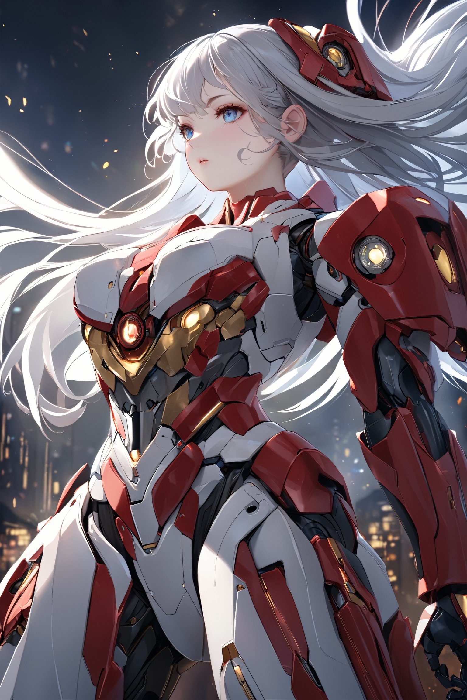 1girl, elegant face,Battle stance, swaying hair,white skin,cute, Pure and pretty,Perfect facial features, perfect eyes, perfect proportions, Solo, __Body Parts__, Official Art, Unity 8k Wallpaper, Super Detailed, Beautiful and Aesthetic, Beautiful, Masterpiece, Best Quality, RAW, Masterpiece, Super Fine Photography,, Best Quality, Super High Resolution , photorealistic, sunlight, full body portrait, stunningly beautiful, dynamic pose, delicate face, lively eyes, (side view), she is wearing a futuristic Iron man mech, red and gold , Battle stance, swaying hair,dark City night, hot steam from her behind, detailed face, detailed complex busy background, messy, gorgeous, white, detailed skin, realistic skin details, visible pores, sharp focus, volume fog, 8k UHD, DSLR camera, high quality, film grain,