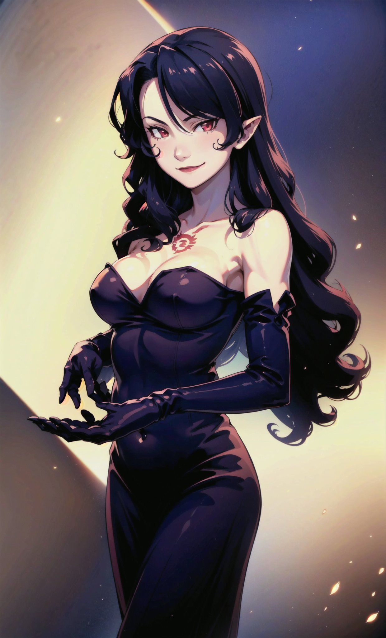 1girl, solo, long hair, breasts, looking at viewer, smile, black hair, red eyes, gloves, dress, cleavage, bare shoulders, jewelry, medium breasts, closed mouth, cowboy shot, pointy ears, black gloves, elbow gloves, black dress, strapless, wavy hair, strapless dress