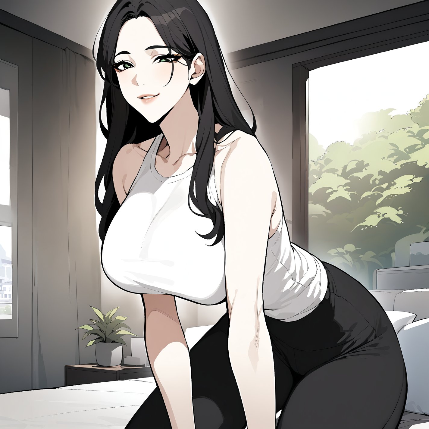 ((masterpiece, best quality, highres)), webtoon, (detailed illustration), ((close up)), ((big breasts)), ((perfect face:1.2)), 1girl, solo, long black hair, looking at viewer, indoors, sexy, white shirt, yoga pants, slight smile,lookism style