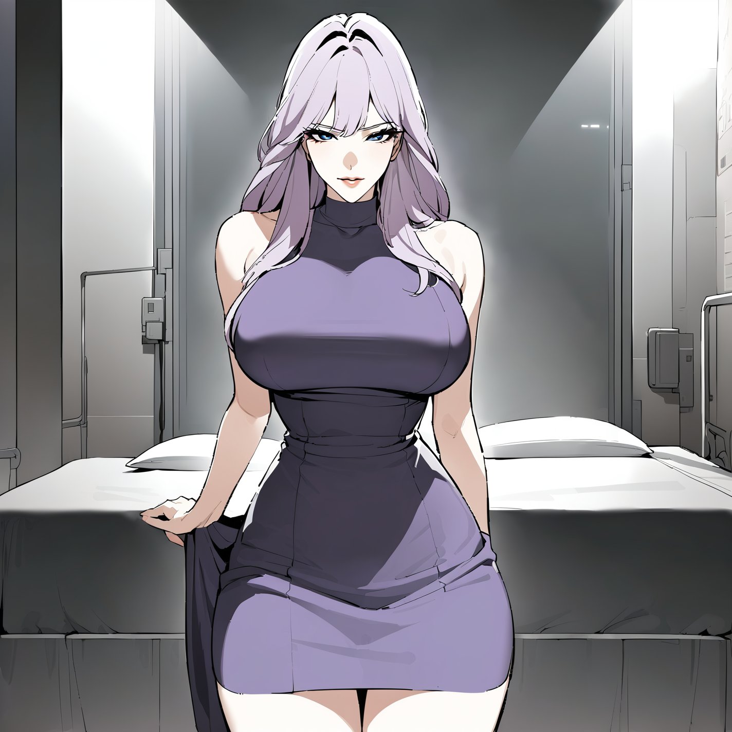 ((masterpiece, best quality, highres, absurbres, 8k)), webtoon, (detailed illustration), ((cowboy shot)), ((big breasts)), ((perfect face:1.2)), 1girl, solo, long purple hair, blue eyes, looking at viewer, indoors, shoulderless dress, slight smile,lookism style