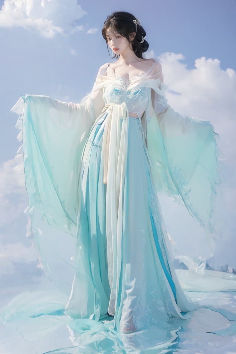 1 girl,  solo,  full body, ,  chest po skirt,  an ethereal goddess draped in a cloud-like gown,  background,<lora:EMS-267818-EMS:1.000000>