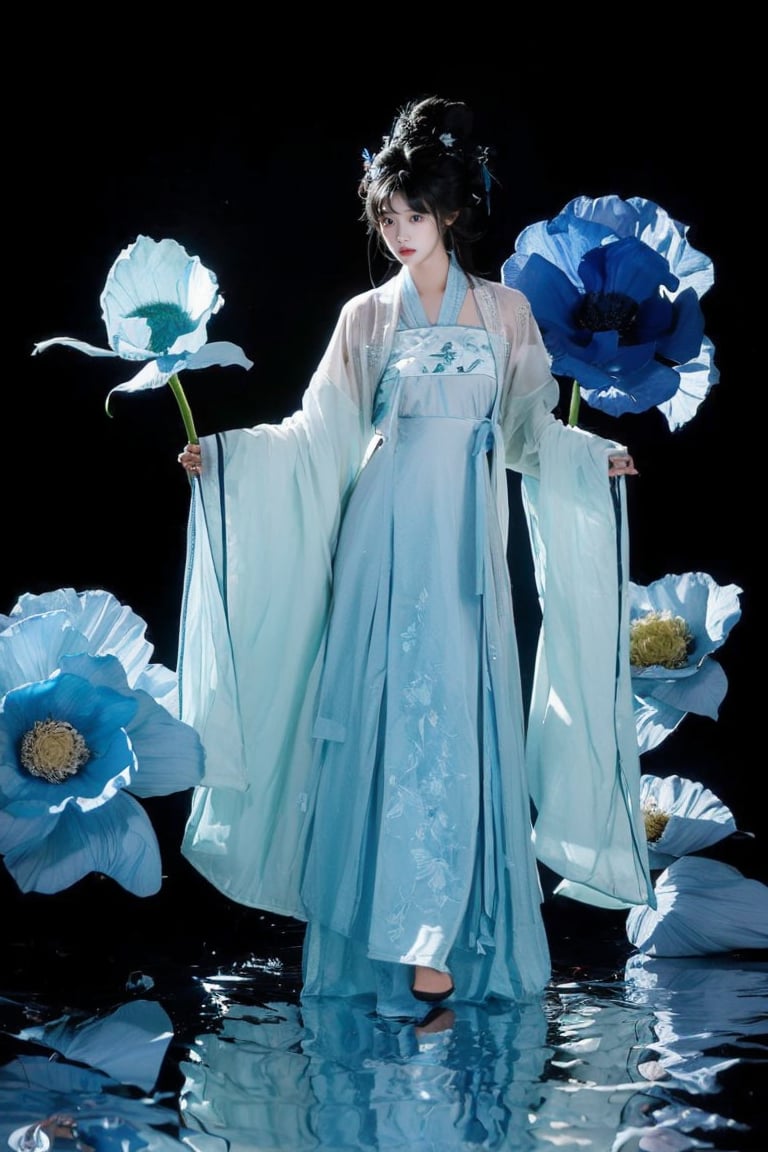 1girl,  solo,  black hair,  hair ornament,  long sleeves,  dress,  standing,  flower,  wide sleeves,  white dress,  chinese clothes,  black background,  reflection,  blue flower,  robe,  hanfu,  hanfuandflower, better_hands,<lora:EMS-267818-EMS:0.800000>,<lora:EMS-48655-EMS:0.400000>