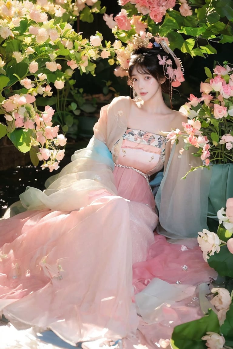 (A beautiful and gentle princess:1.2), (free and happy maiden:1.1), (pink flowers:1.2), tree, exquisite accessories, melodious dream, Morandi tone, (Romantic lake view:0.9),  (masterpiece:1, 2),  best quality,  masterpiece,  highres,  original,  extremely detailed wallpaper,  perfect lighting,<lora:EMS-267818-EMS:1.000000>