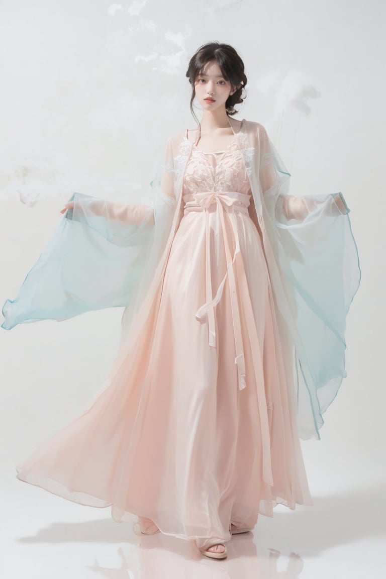 1 girl,  solo,  20 year old,  full body,  light pink upper shan,  white chest po skirt,  an ethereal goddess draped in a cloud-like gown,  white background,<lora:EMS-267818-EMS:0.800000>