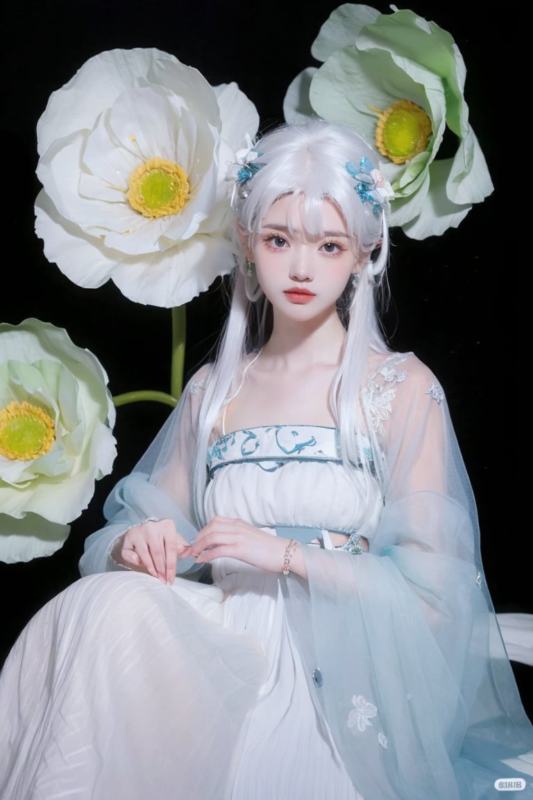 1girl,  solo,  long hair,  looking at viewer,  bangs,  hair ornament,  long sleeves,  dress,  jewelry,  sitting,  flower,  white hair,  hair flower,  white dress,  bracelet,  chinese clothes,  white flower,  black background,  hanfuandflower, better_hands,<lora:EMS-267818-EMS:0.800000>,<lora:EMS-48655-EMS:0.200000>