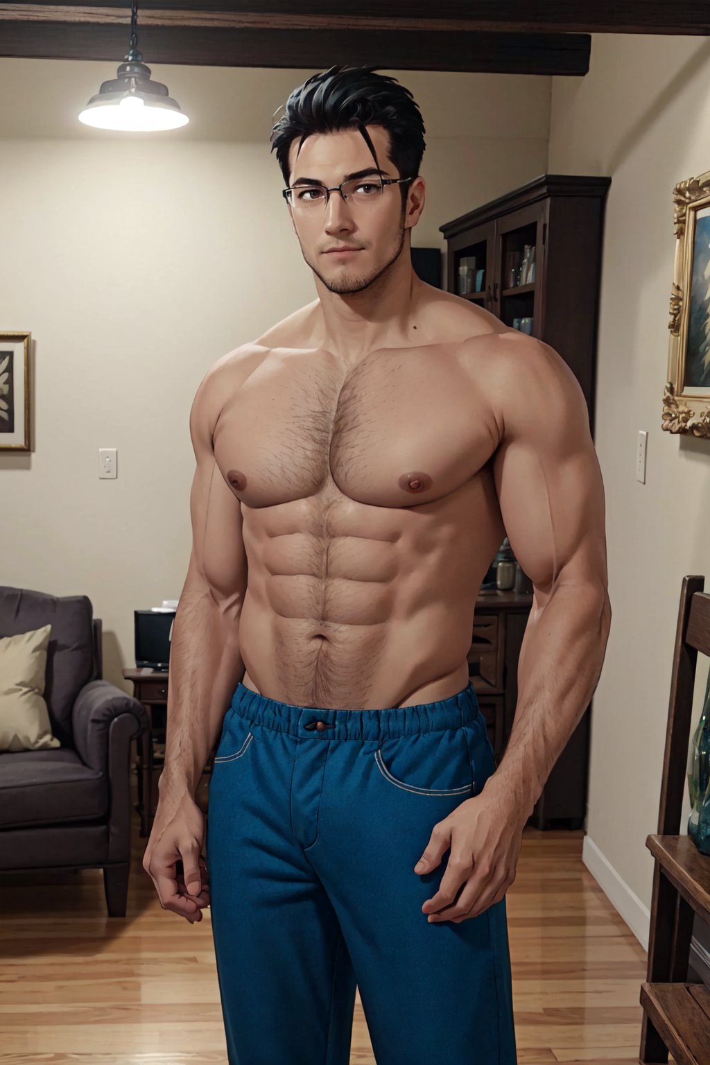 1boy, solo, Maes Hughes, Fullmetal Alchemist, anime,  2D, tall, lean, black hair, jovially spiky hair, brown eyes, rectangular spectacles framed, 29 years old, mature, topless, shirtless, puew blue pants, manly, masculine, handsome, charming, alluring, (standing), (upper body in frame), perfect light, perfect anatomy, perfect proportions, perfect perspective, 8k, HQ,  (best quality:1.2, masterpiece:1.2, madly detailed), perfect face, (portrait), looking_at_viewer, vitage room