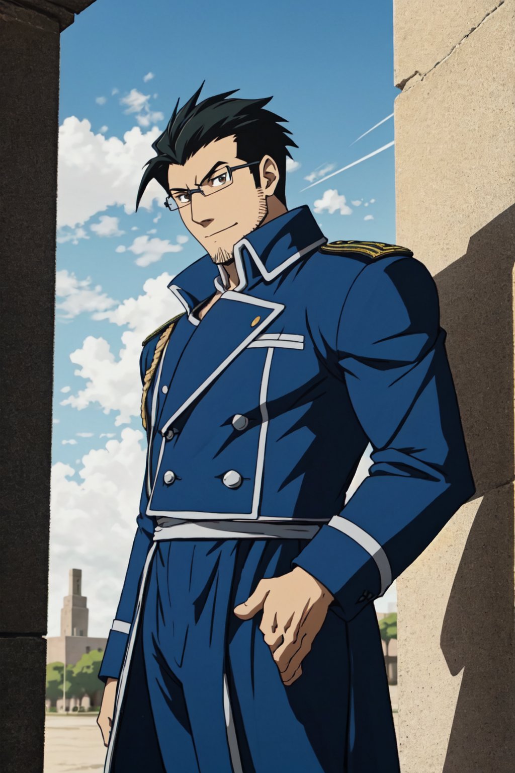 1boy, solo, Maes Hughes, Fullmetal Alchemist, anime,  2D, tall, lean, black hair, jovially spiky hair, brown eyes, rectangular spectacles framed, 29 years old, mature, blue military uniform, manly, masculine, handsome, charming, alluring, office, (standing), (upper body in frame), perfect light, perfect anatomy, perfect proportions, perfect perspective, 8k, HQ,  (best quality:1.2, masterpiece:1.2, madly detailed), perfect face, front view, portrait, outdoor, sky,best quality,perfecteyes